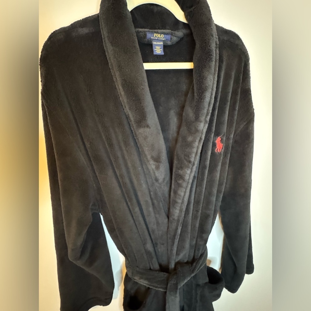Polo Ralph Lauren Men’s Black Soft Plush Big Red Pony Tie Waist Robe Size L/XL